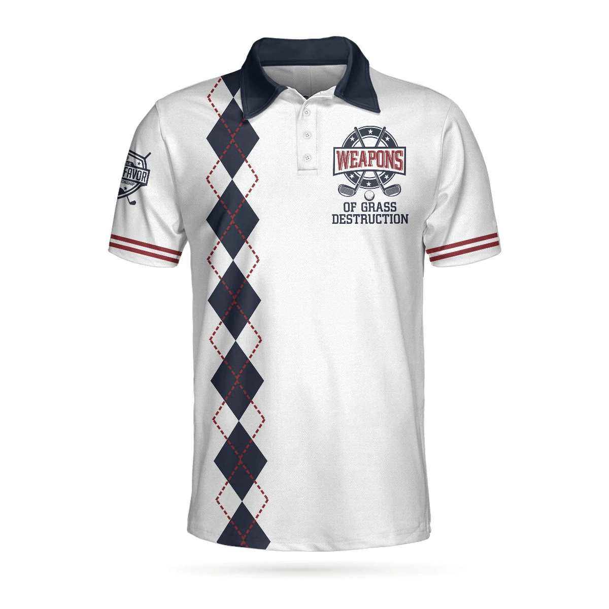 Weapons Of Grass Destruction Short Sleeve Polo Shirt White And Navy Argyle Pattern Polo Shirt Best Golf Shirts Short Sleeve Polo For Men