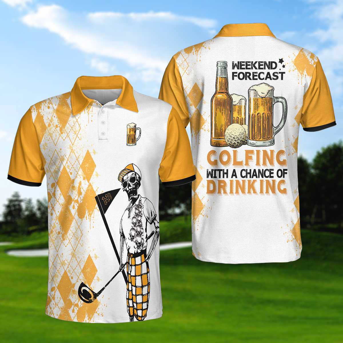 Weekend Forecast Beer And Golf Polo Shirt Argyle Pattern Skeleton Golfer Polo Shirt Golf Shirt For Beer Lovers