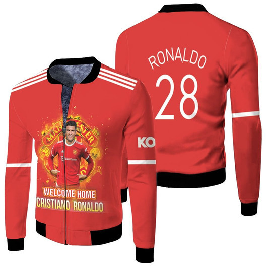 Welcome Home Cristiano Ronaldo 28 Manchester United Football Team Logo Red Fleece Bomber Jacket