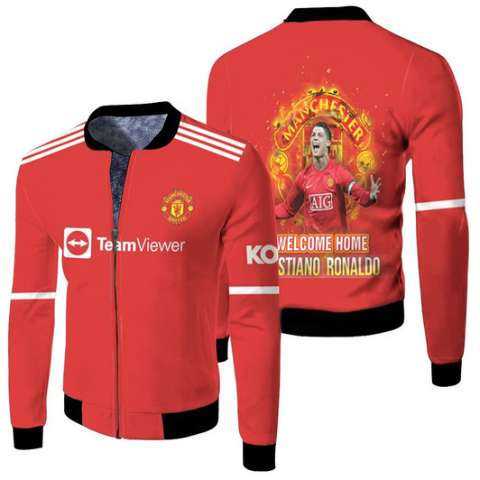 Welcome Home Cristiano Ronaldo Manchester United Football Team Logo Red Fleece Bomber Jacket