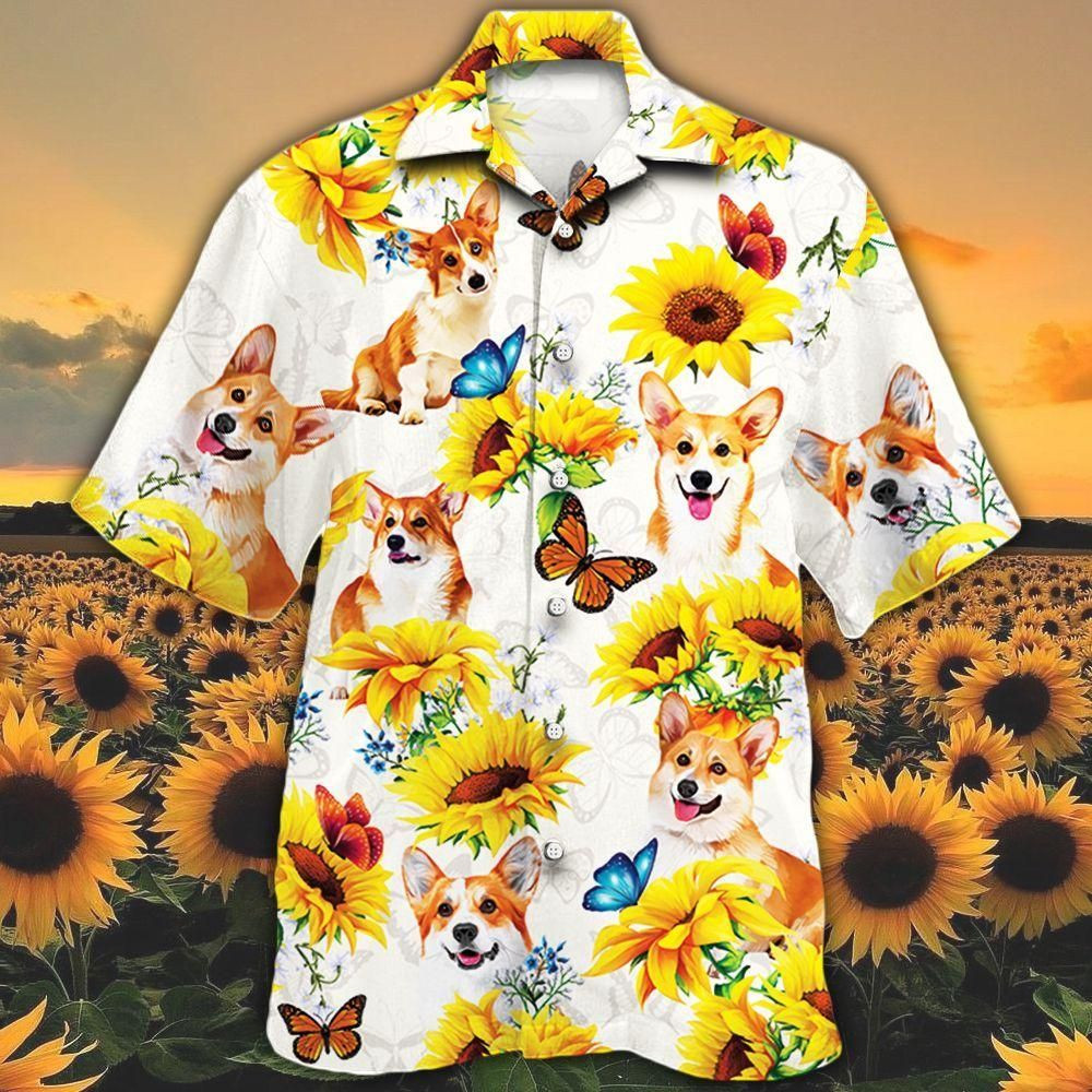 Welsh Corgi Dog Lovers Sun Flower Aloha Hawaiian Shirt Colorful Short Sleeve Summer Beach Casual Shirt For Men And Women