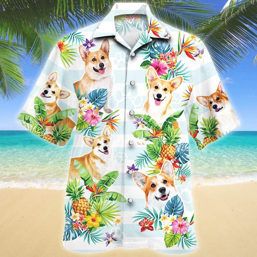 Welsh Corgi Dog Tropical Flower Aloha Hawaiian Shirt Colorful Short Sleeve Summer Beach Casual Shirt For Men And Women