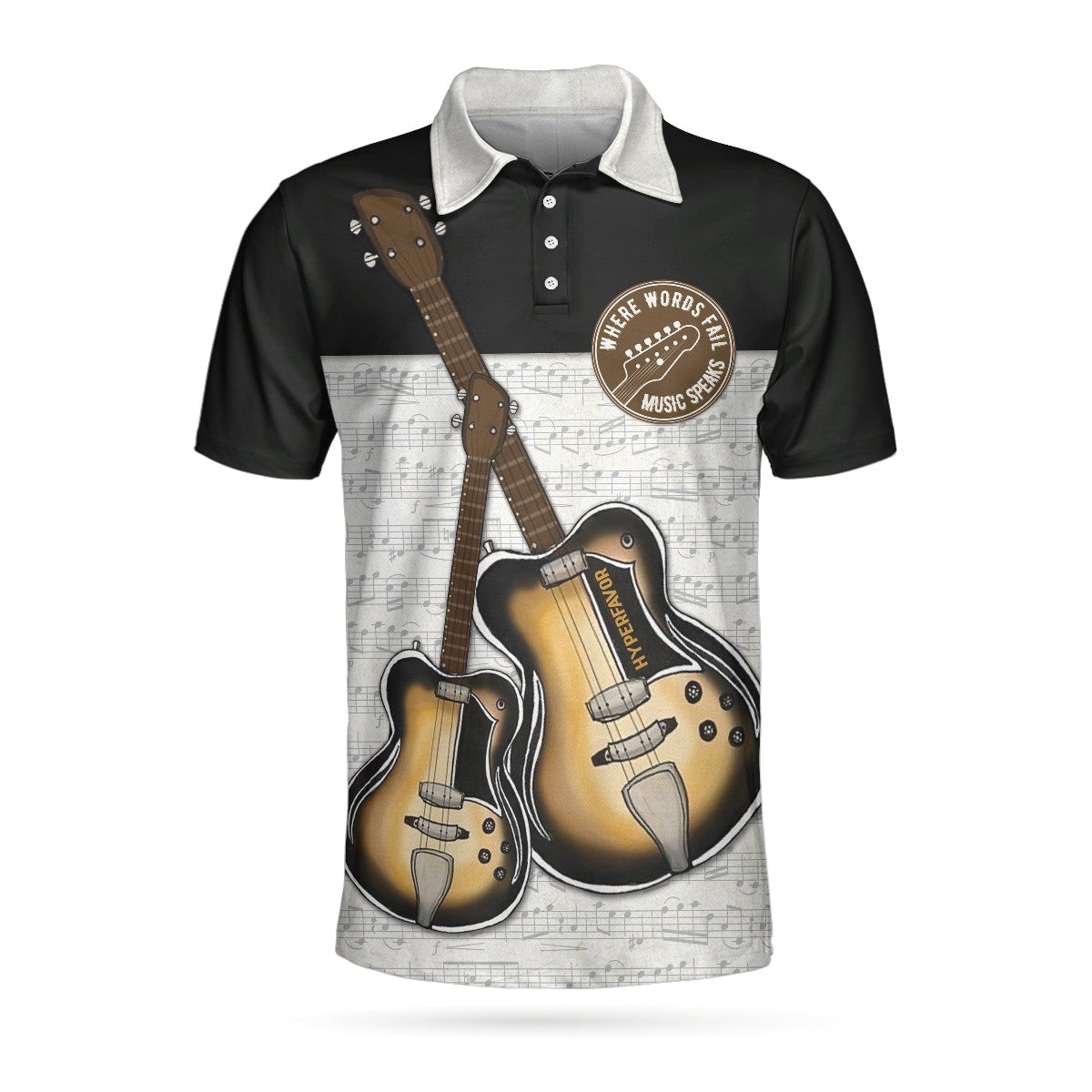 Where Words Fail Music Speaks Guitar Polo Shirt Black And White Music Polo Shirt Best Guitar Shirt For Men