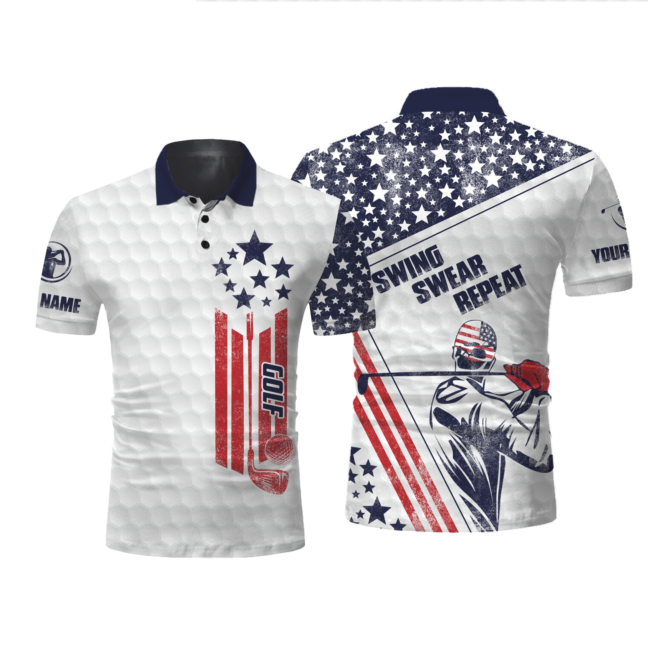 White American Flag Dri-Fit Golf Polo Shirt Swing Swear Repeat Personalized Patriotic Golf Gifts