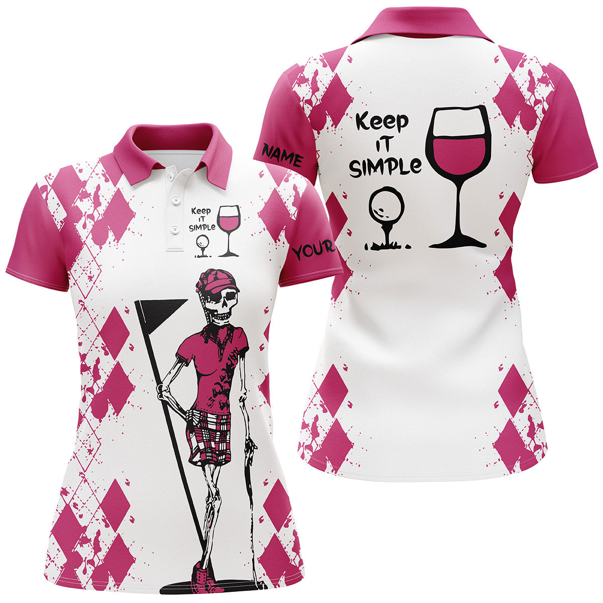 White Pink Womens Golf Shirt Skull Keep It Simple Golf  Wine Custom Name Womens Golf Polo Shirt