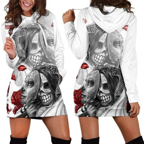 White Skull Hoodie Dress Sweater Dress Sweatshirt Dress 3d All Over Print For Women Hoodie