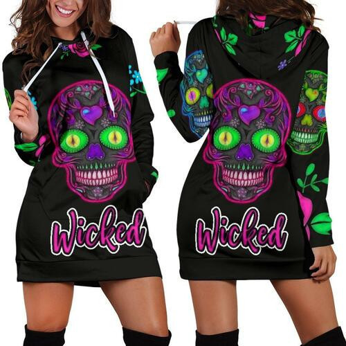 Wicked Skulls Hoodie Dress Sweater Dress Sweatshirt Dress 3d All Over Print For Women With Roses And Sugar Skull Art Hoodie