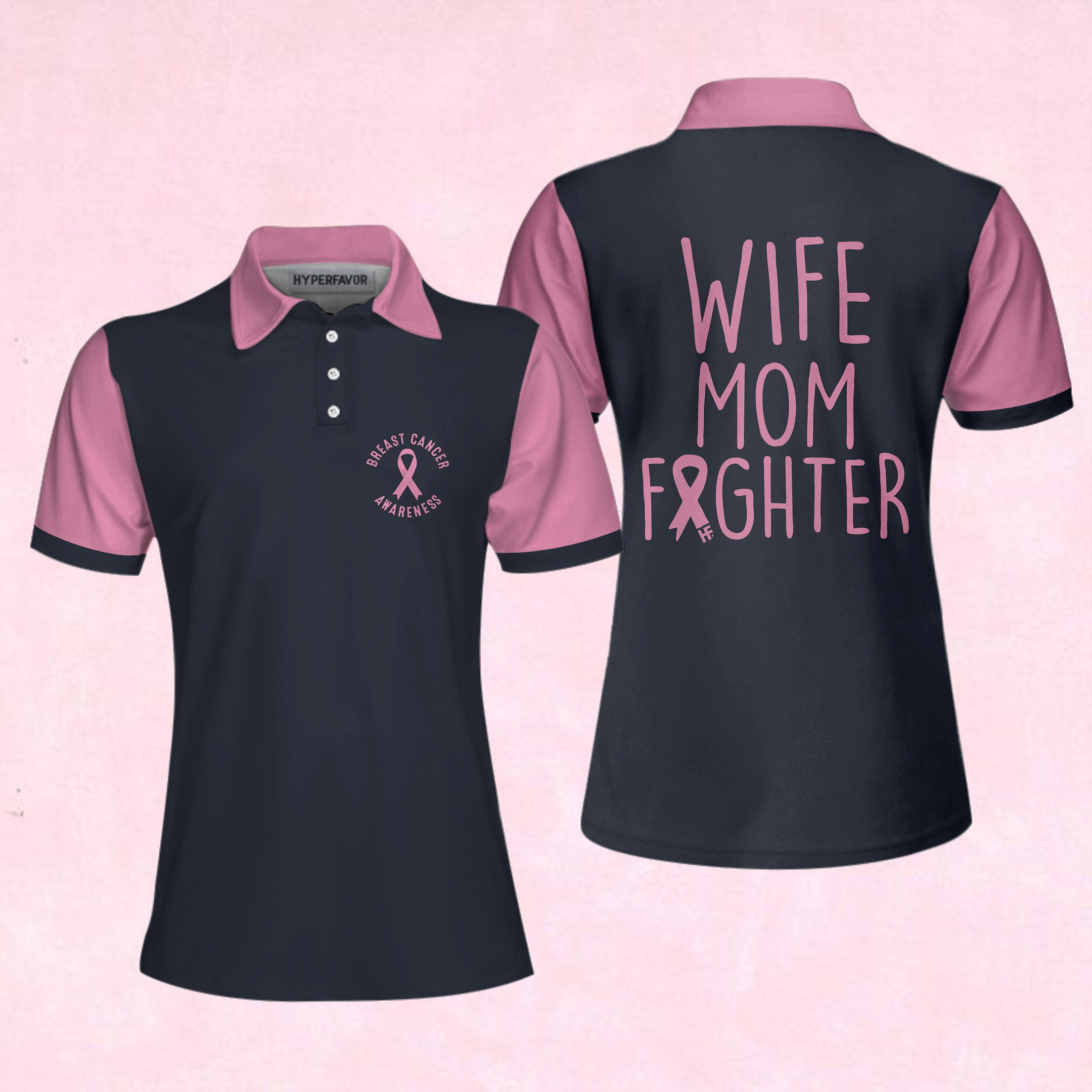 Wife Mom Fighter Short Sleeve Women Polo Shirt Black And Pink Breast Cancer Ribbon Shirt For Mom