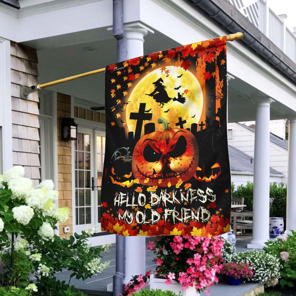 Witch Halloween Pumpkin Hello Darkness My Old Friend Flag Halloween Outdoor Decor Fall Yard House Decoration