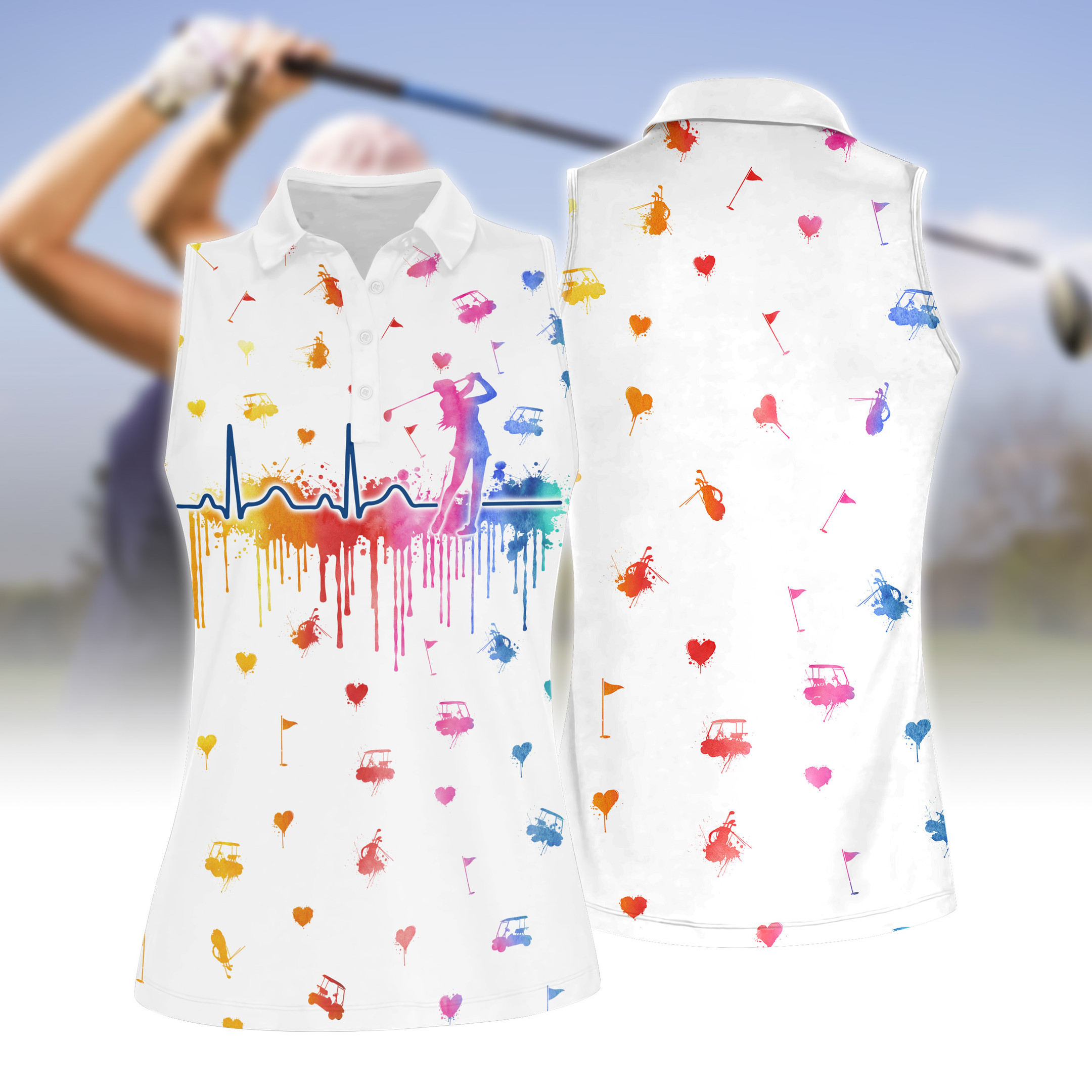 Women Golf Heart Beat Water Color Women Short Sleeve Polo Shirt Sleeveless Polo Shirt Sport Culottes With Pocket