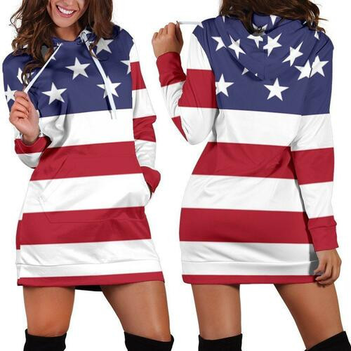 Womens American Flag Hoodie Dress Sweater Dress Sweatshirt Dress 3d All Over Print For Women Hoodie