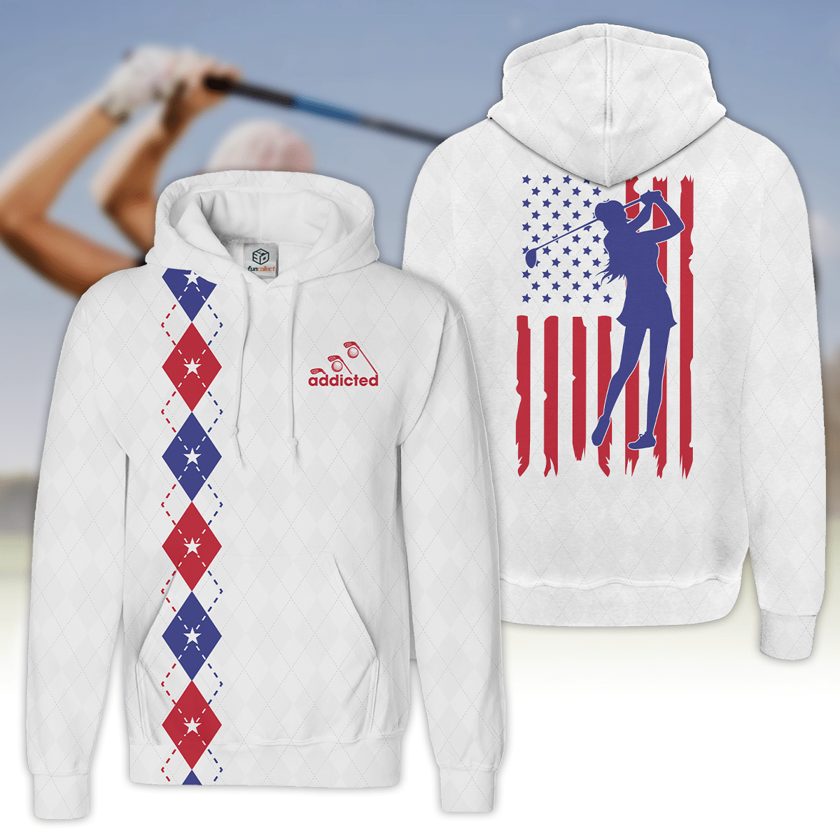 Womens Golf Hoodie Shirt Addicted American Flag Women Golf Shirt