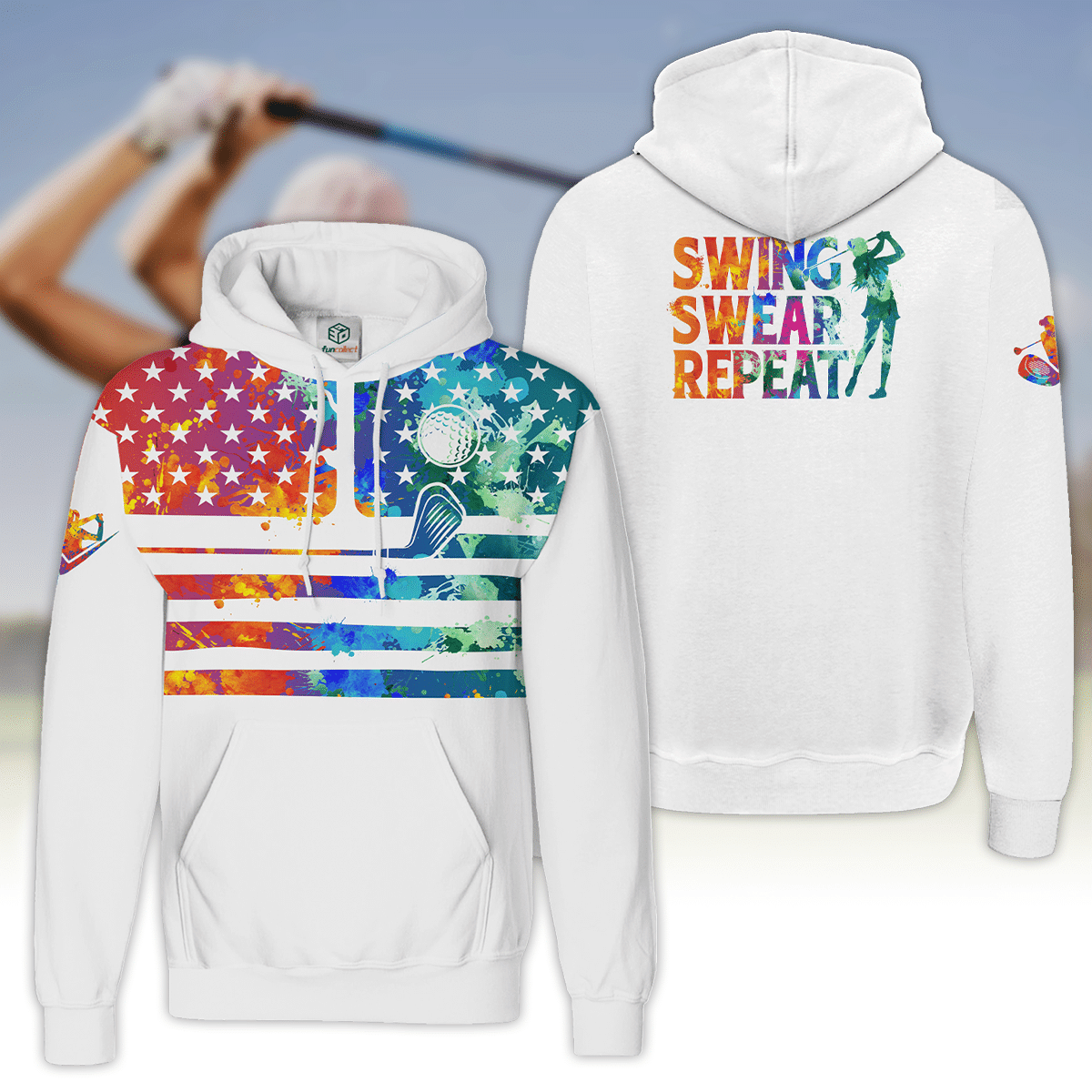 Womens Golf Hoodie Shirt American Flag Swing Swear Repeat Watercolor Women Golf Shirt