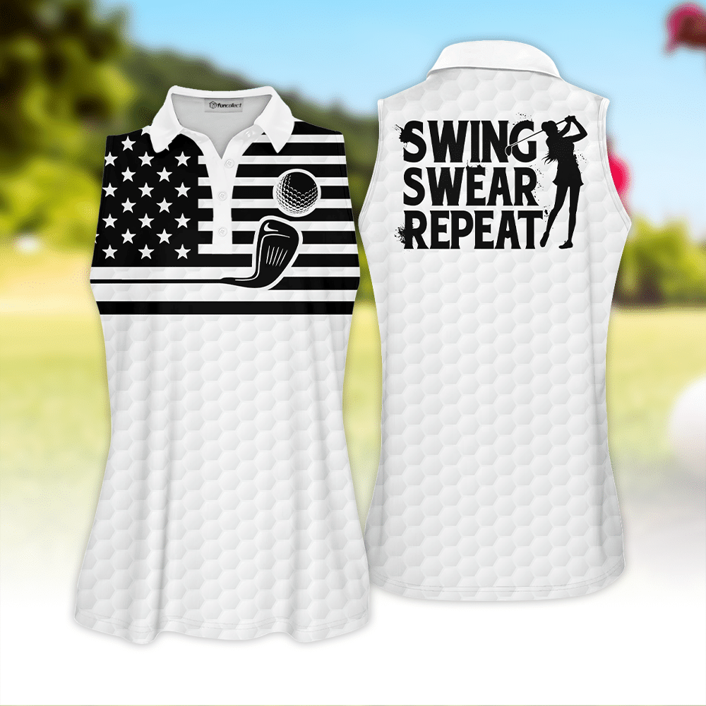 Womens Golf Polo Shirt American Flag Black Swing Swear Repeat Vintage Women Golf Shirt