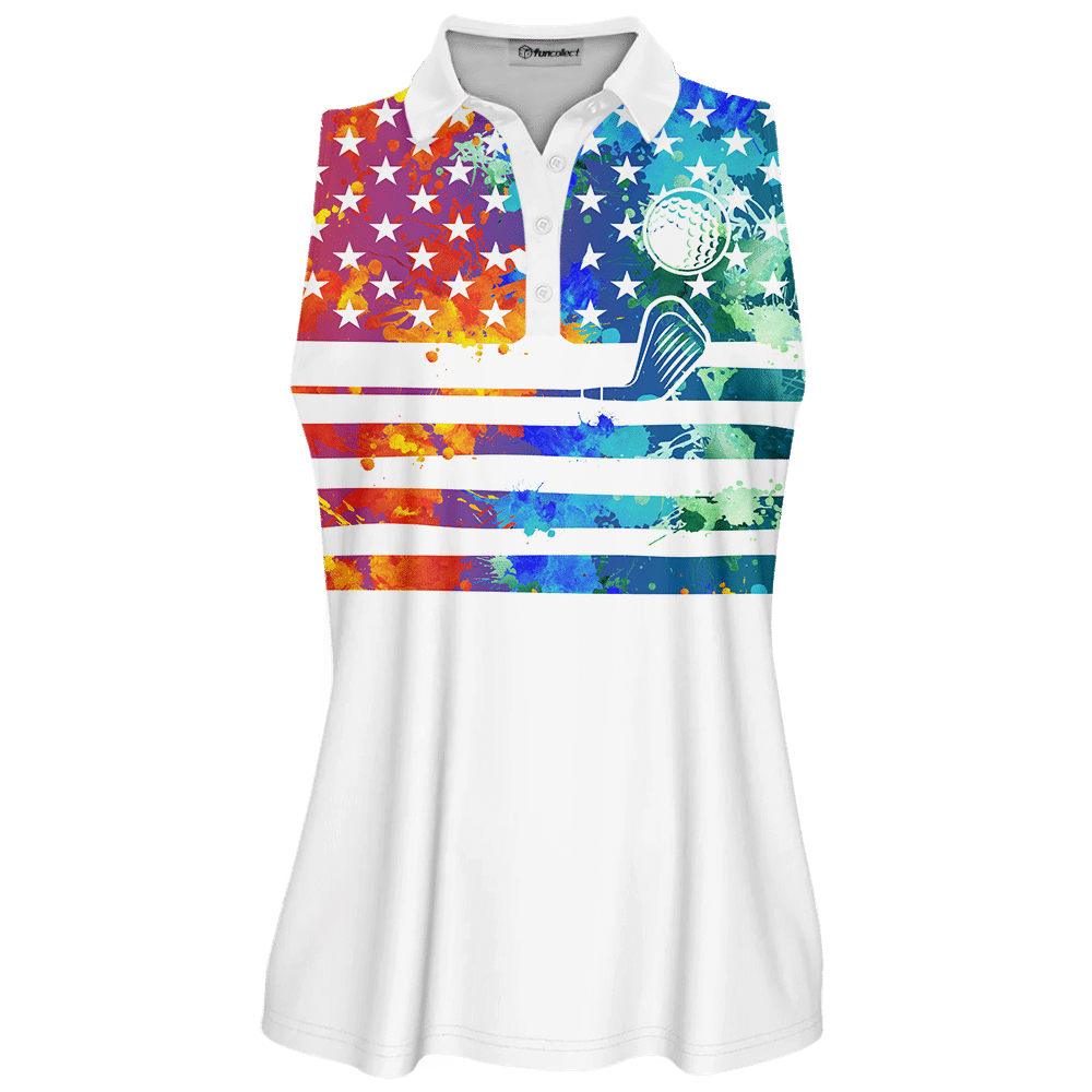 Womens Golf Polo Shirt American Flag Swing Swear Repeat Watercolor Sleeveless Polo Shirt Sleeve Polo Shirt Women Golf Shirt