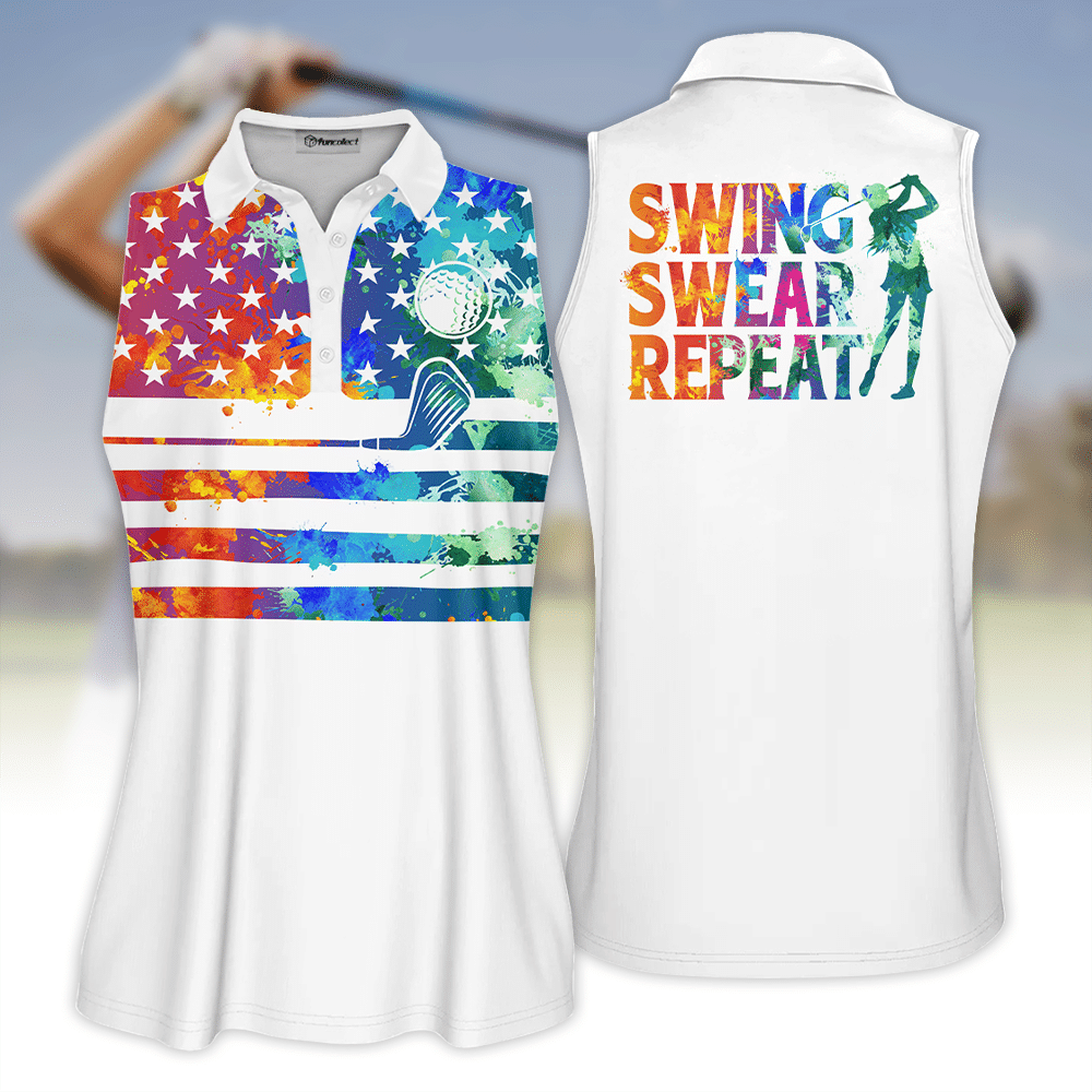Womens Golf Polo Shirt American Flag Watercolor Swing Swear Repeat Vintage Women Golf Shirt