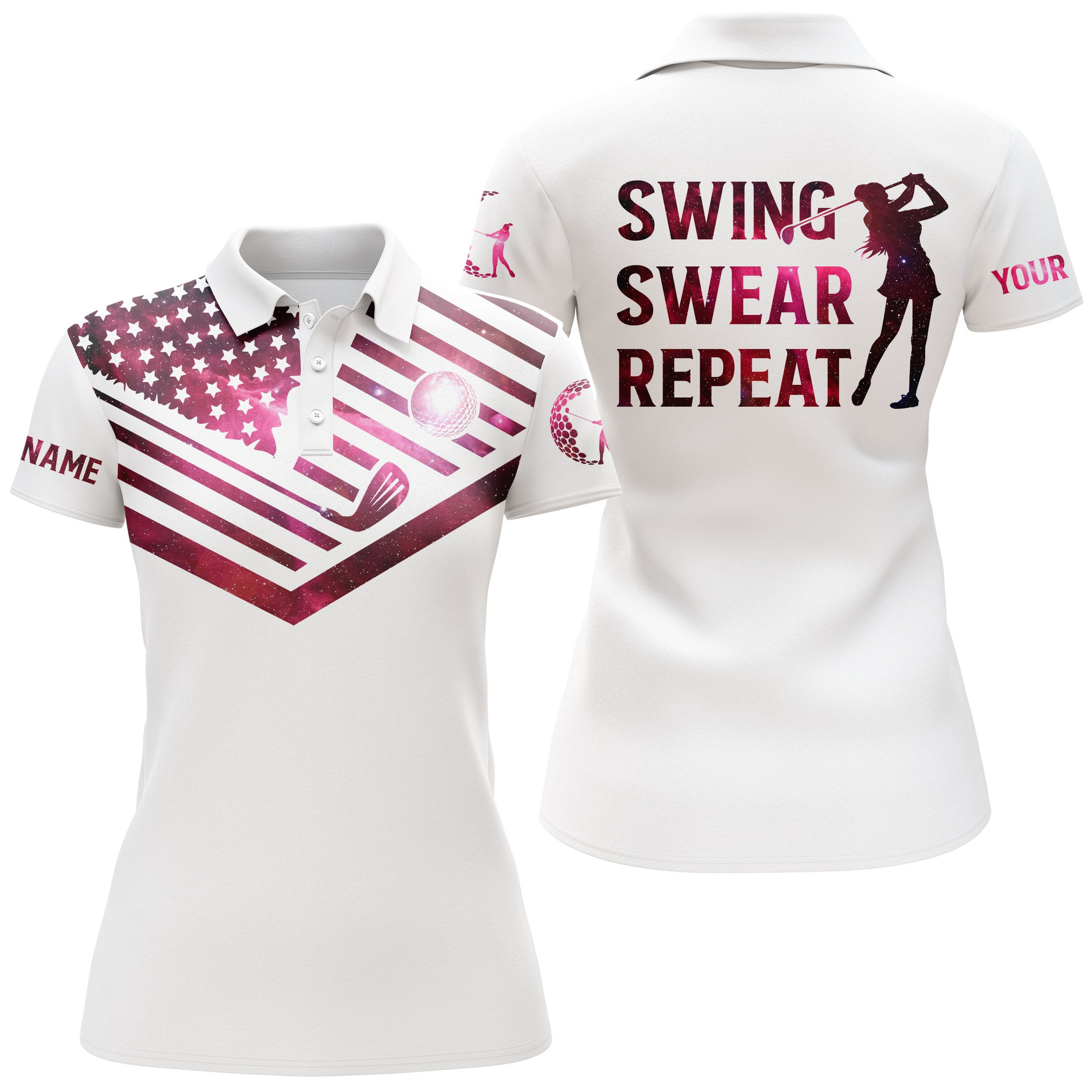 Womens Golf Polo Shirt Pink Galaxy American Flag Custom Name Swing Swear Repeat White Golf Shirt