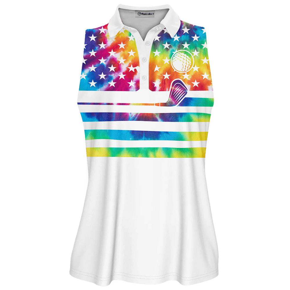 Womens Golf Polo Shirt Tie-Dye American Flag Swing Swear Repeat Sleeveless Polo Shirt Sleeve Polo Shirt Women Golf Shirt