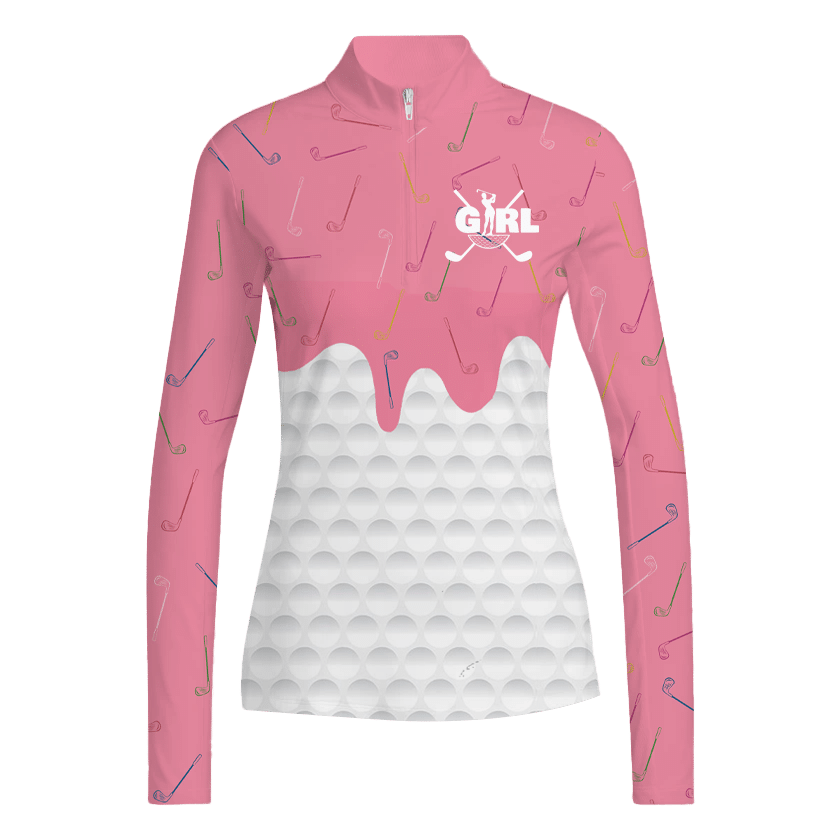 Womens Ice Cream Melting On Golf Ball  Long Sleeve Low Collar Golf Polo Shirt