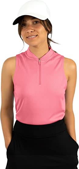 Womens Sleeveless Collarless Golf Polo Shirt with Zipper - Quick Dry Tank Tops for Women