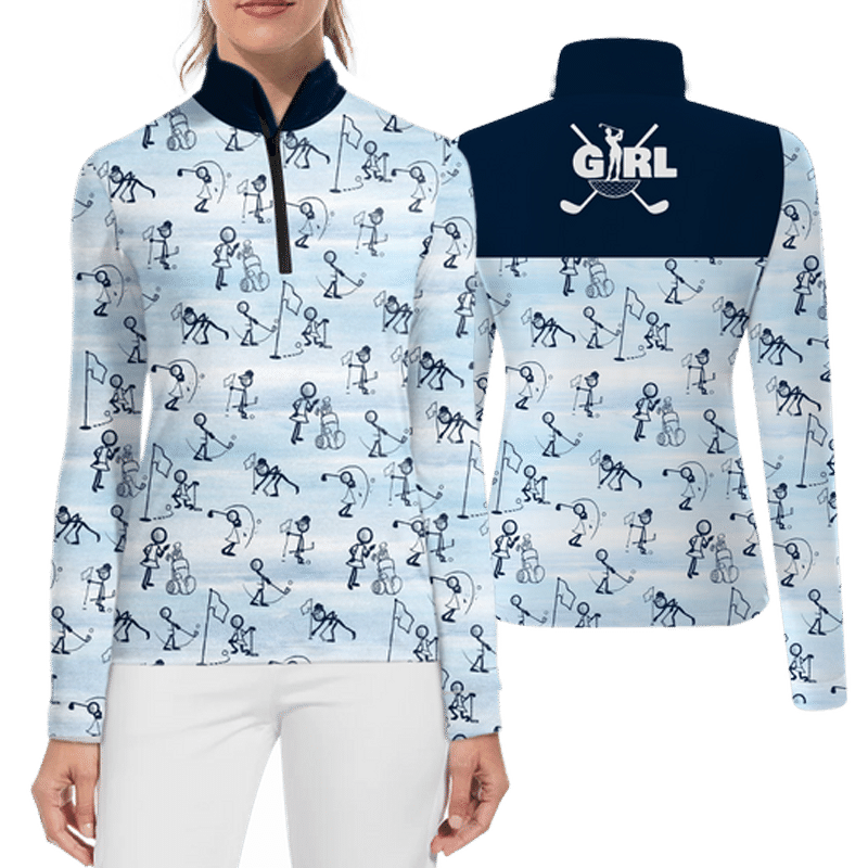 Womens Stick figures Print Long Sleeve Golf Polo Casual Shirt