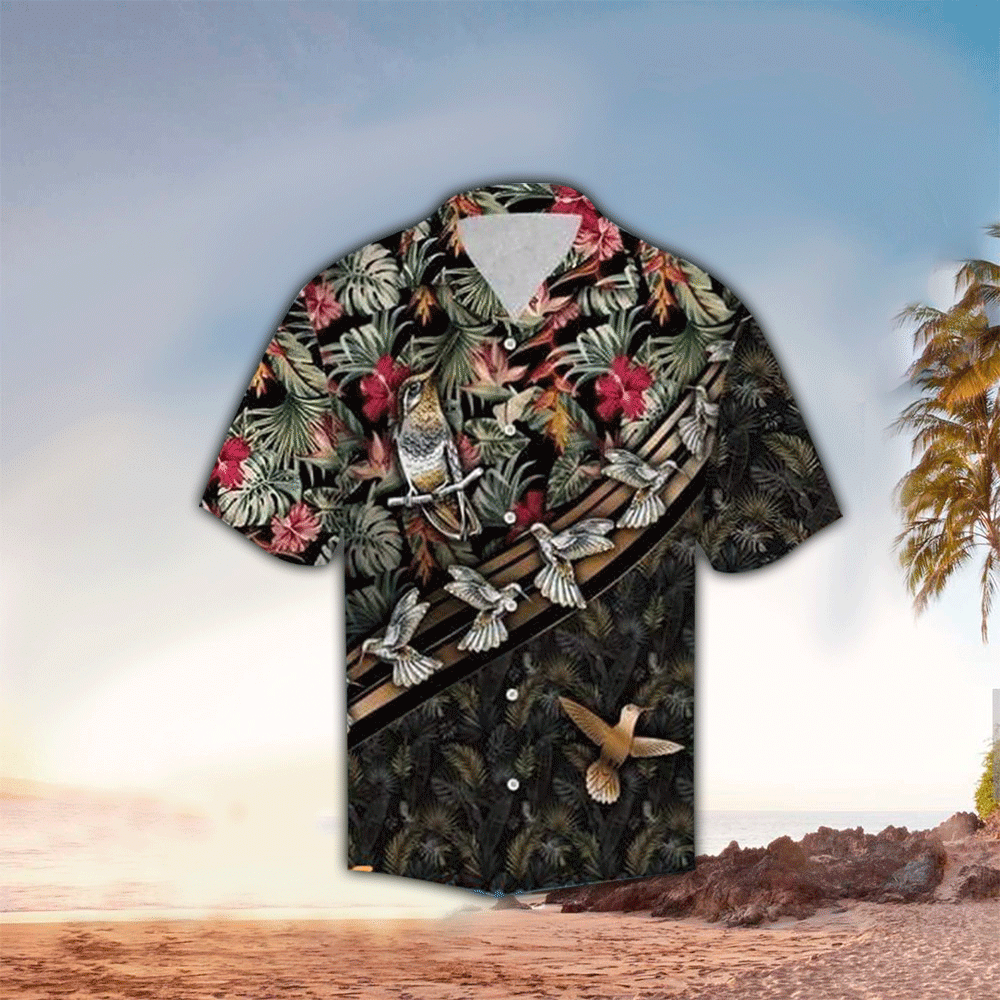 Wonderful Hummingbird Floral Dark Hawaiian Shirt for Men and Women