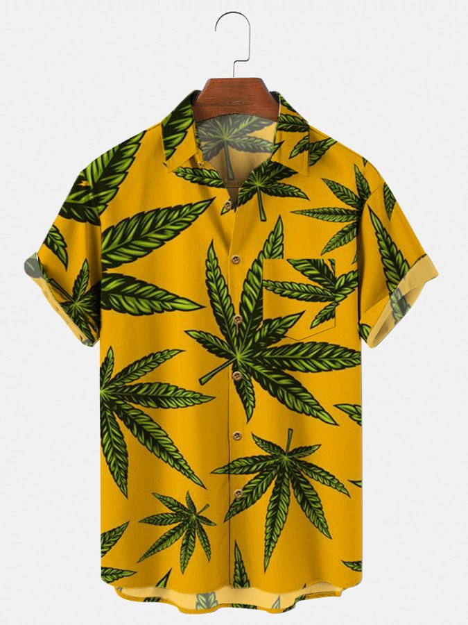 Yellow Basic Cotton-Blend Printed Shirts  Tops Hawaiian Shirt for Men Women