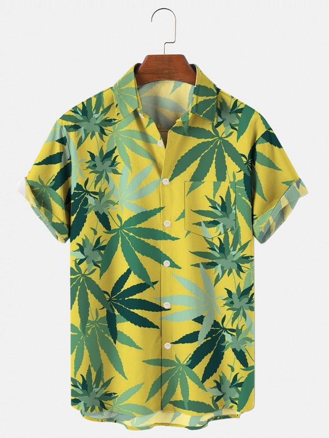 Yellow Green Printed Urban Series Cotton-Blend Geometric Shirts  Tops Hawaiian Shirt for Men Women