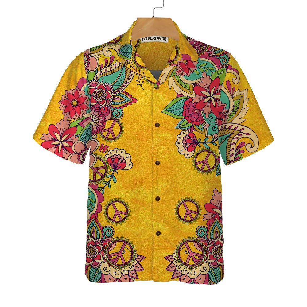 Yellow Hippie Peace Sign And Flowers Hawaiian Shirt Foral Hippie Peace Sign Shirt Best Hippie Gift