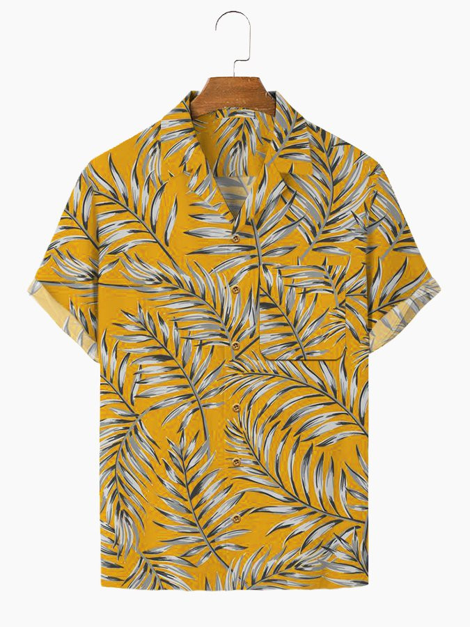 Yellow Printed Statement Mens Hawaiian Shirt Casual Short Sleeve Aloha Beach Palm Tree Shirts