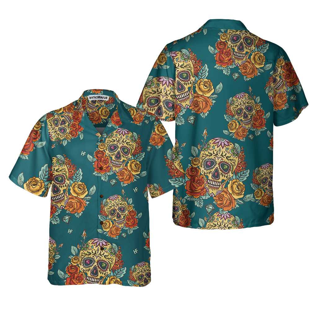 Yellow Roses Sugar Skulls Hawaiian Shirt Mexican Skull Shirt Best Day Of The Dead Gift