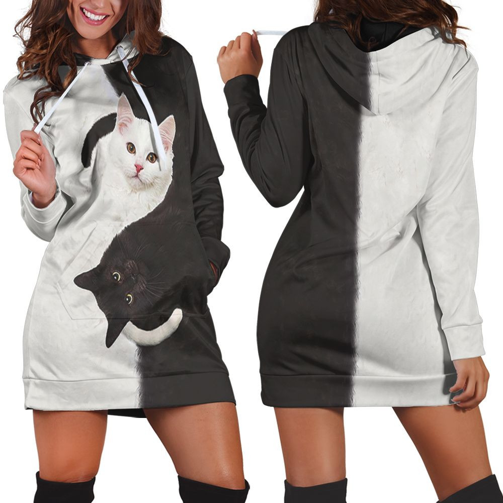 Yin Yang Black White Cat For Cat Lover 3d Hoodie Dress Sweater Dress Sweatshirt Dress