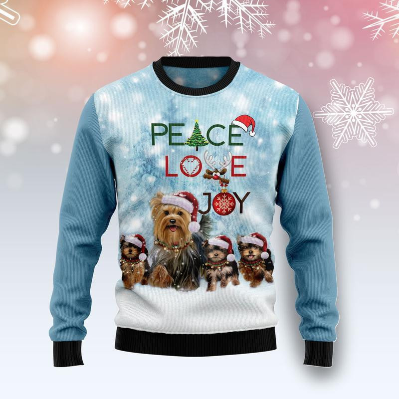 Yorkshire Terrier Peace Love Joy Ugly Christmas Sweater Ugly Sweater For Men Women