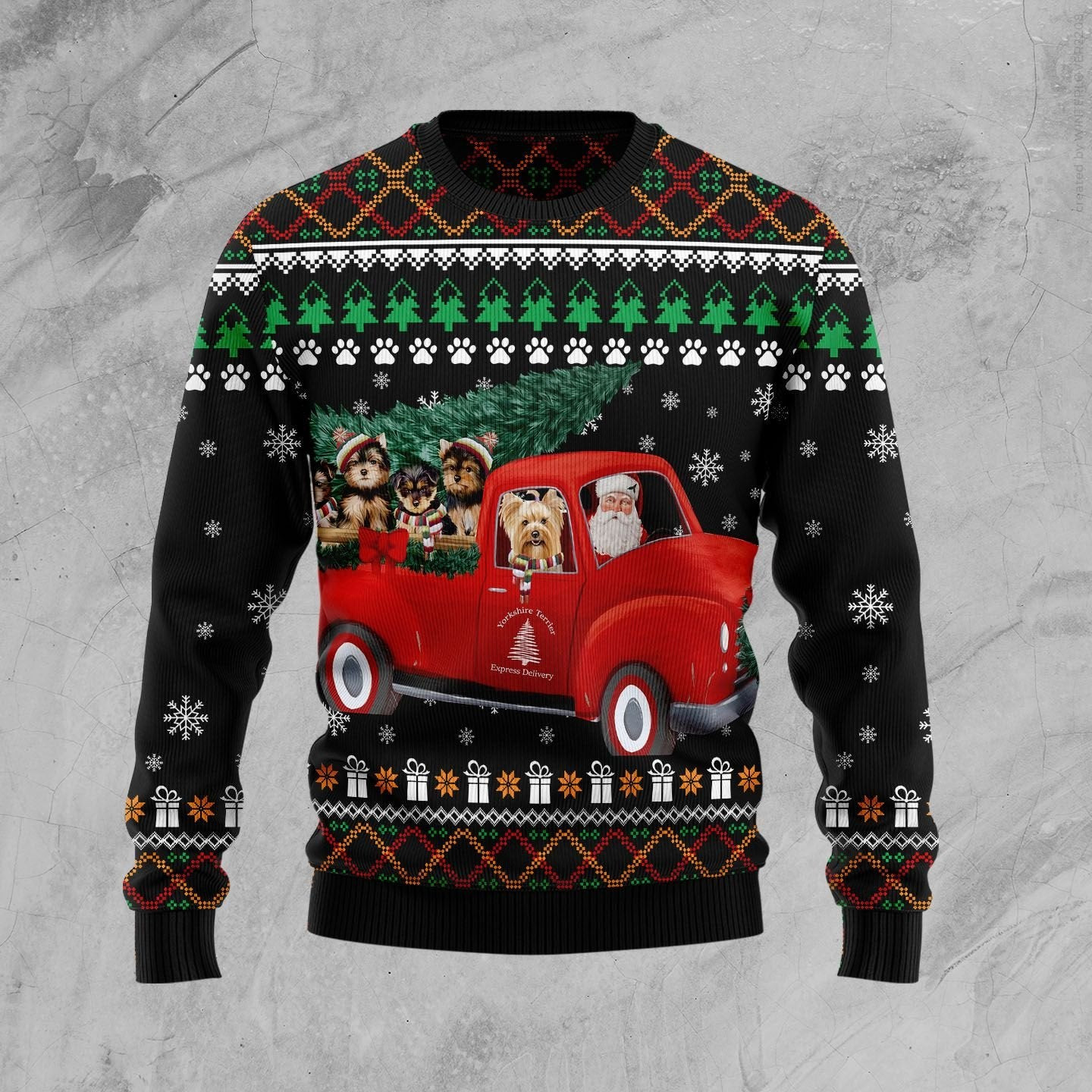 Yorkshire Terrier and Red Truck Ugly Christmas Sweater