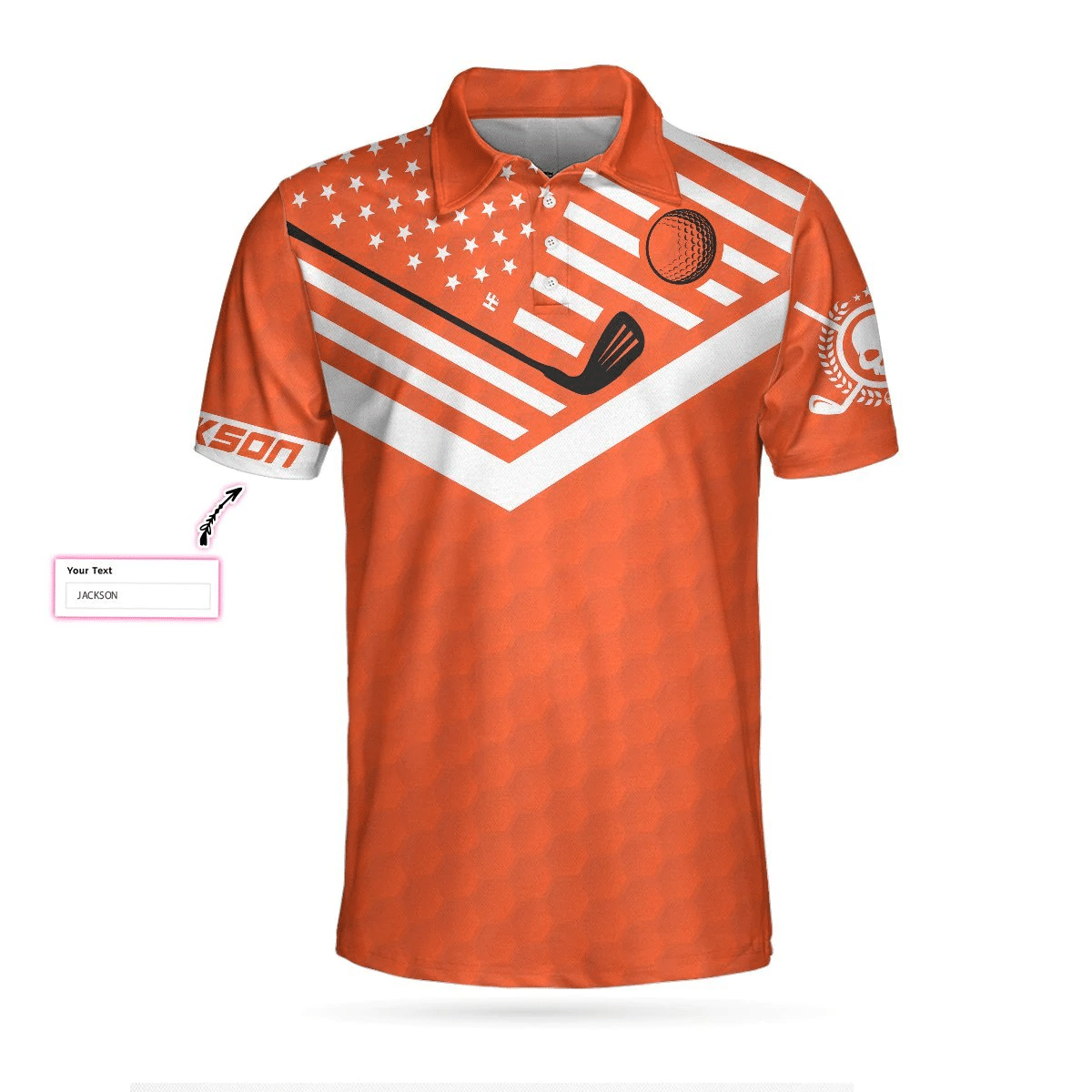 Your Hole Is My Goal Bones Mens Custom Polo Shirt Personalized Orange American Flag Golf Shirts Short Sleeve Polo For Men