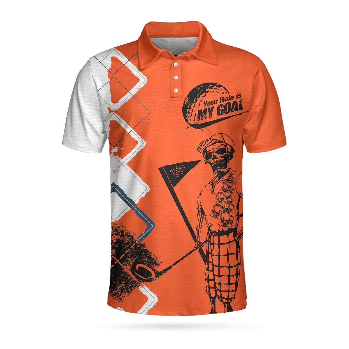 Your Hole Is My Goal Golf Polo Shirt Orange Argyle Pattern Skeleton Golfer Polo Shirt Best Golf Shirts Short Sleeve Polo For Men