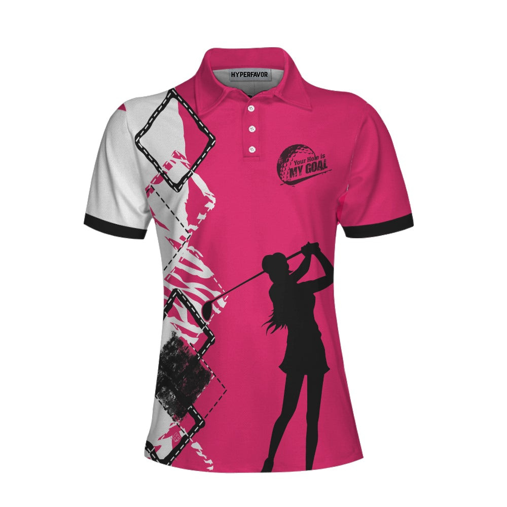 Your Hole Is My Goal Golf Short Sleeve Women Polo Shirt White And Pink Golf Shirt For Ladies