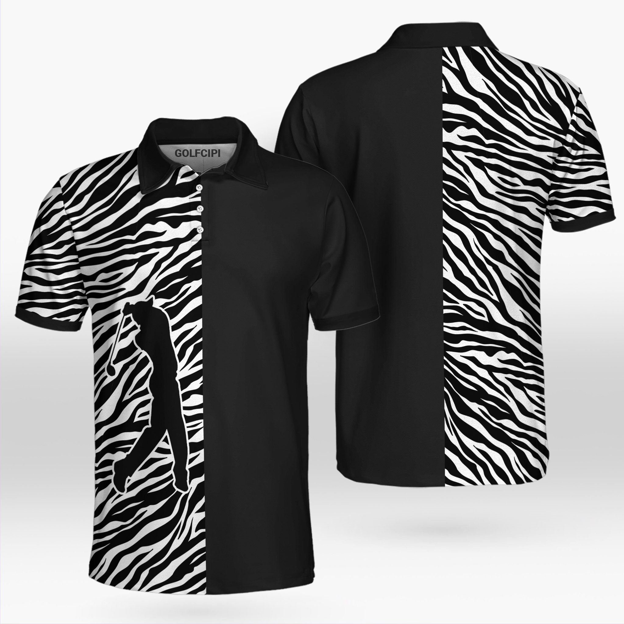 Zebra Pattern Golfer Swing Black Polo Shirt Best Golf Shirts For Men