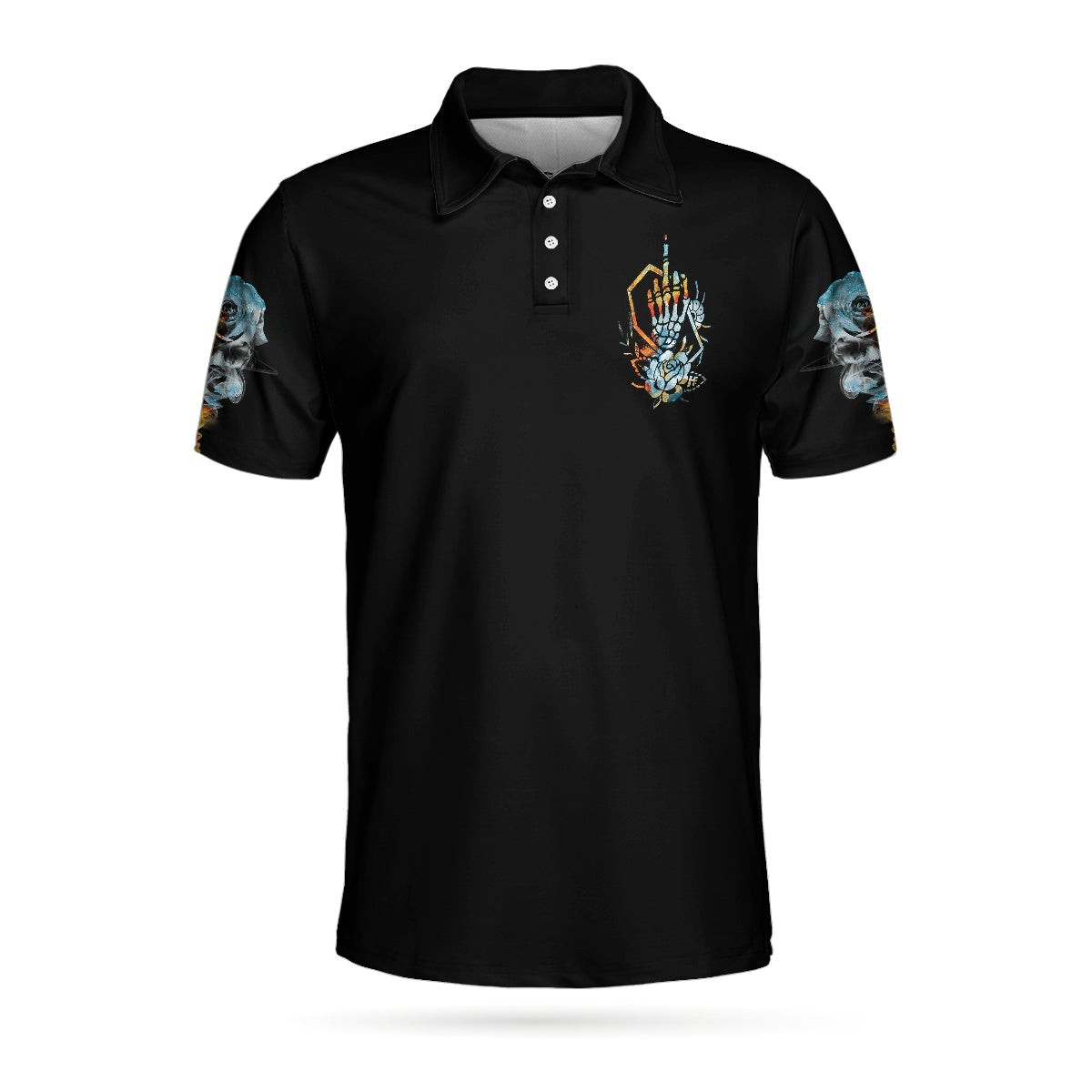 Zero Fck Given Skull Roses Short Sleeve Polo Shirt Colorful Rose Middle Finger Polo Shirt Best Golf Shirt For Men