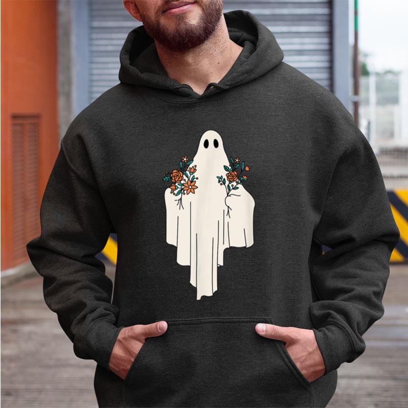 Cute Lonely Halloween Ghost With Flower Bouquet Shirts