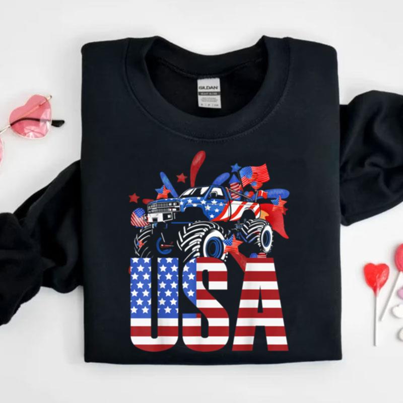 Monster Truck Toddler Boys Usa American Flag July 4Th Shirts