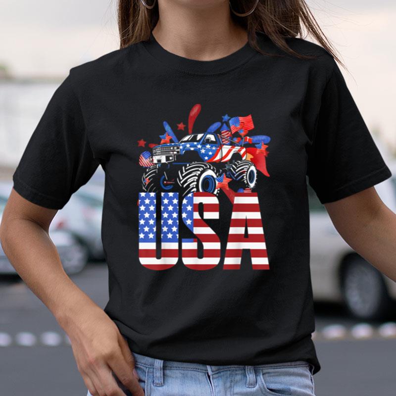 Monster Truck Toddler Boys Usa American Flag July 4Th Shirts