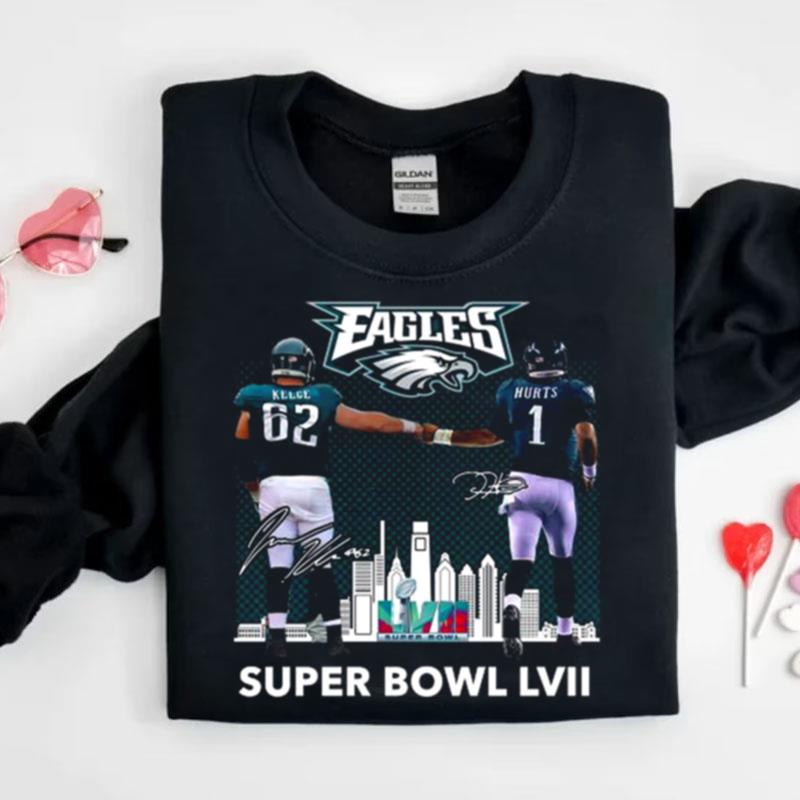 Super Bowl Lvii Jalen Hurts And Travis Kelce Philadelphia Eagles Skyline Signatures Shirts