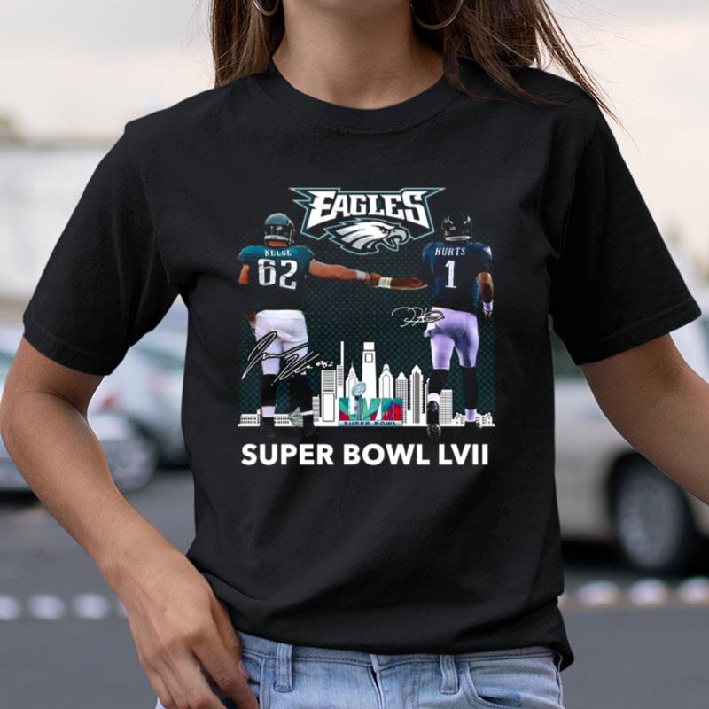 Super Bowl Lvii Jalen Hurts And Travis Kelce Philadelphia Eagles Skyline Signatures Shirts