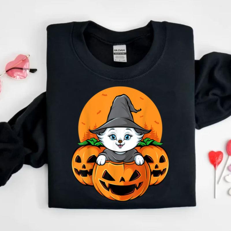 Cute Halloween Cat Witch Hat Pumpkin For Kids Girls Shirts