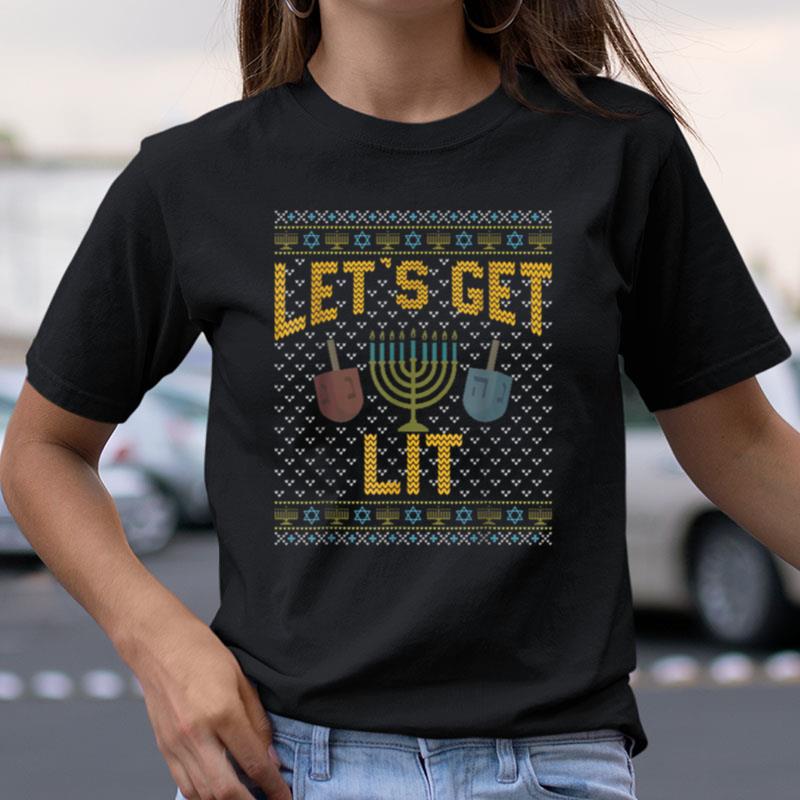 Funny Ugly Hanukkah Sweater Let's Get Lit Drinking Shirts