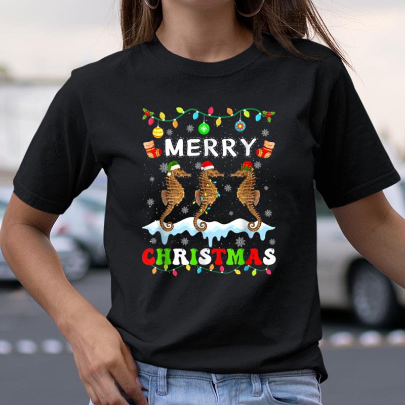 Merry Christmas Seahorse Santa Hat Lights Xmas Men Women Shirts