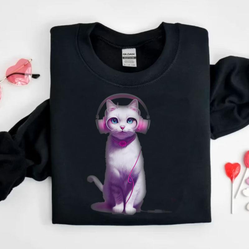 Pink Cat With Headphones Chunky Cat Collar Shirts