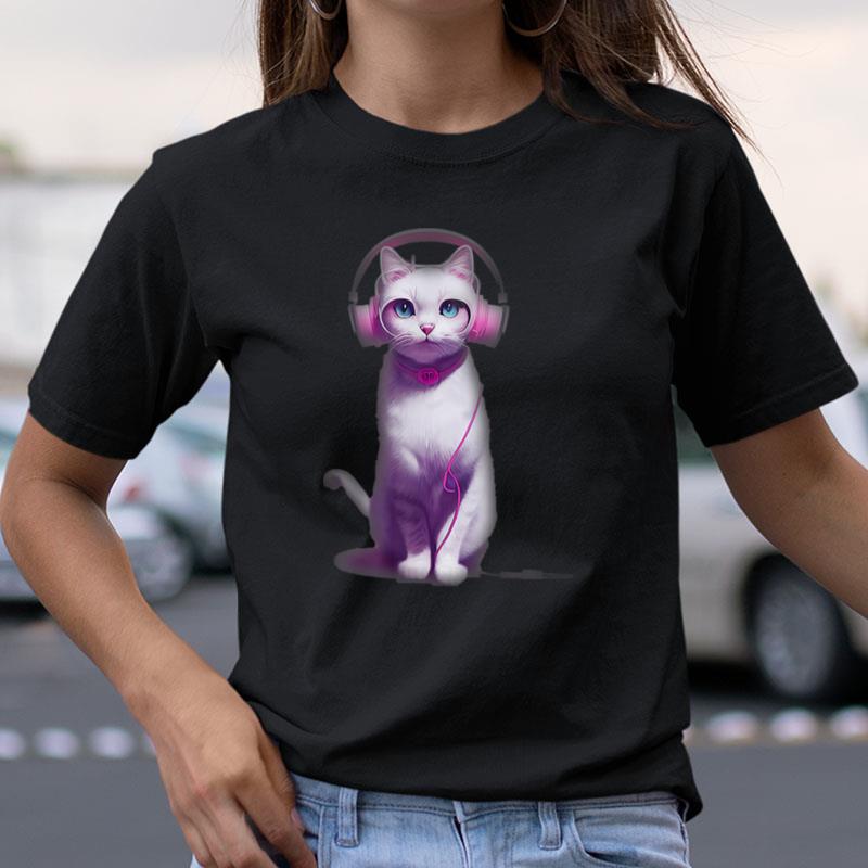 Pink Cat With Headphones Chunky Cat Collar Shirts