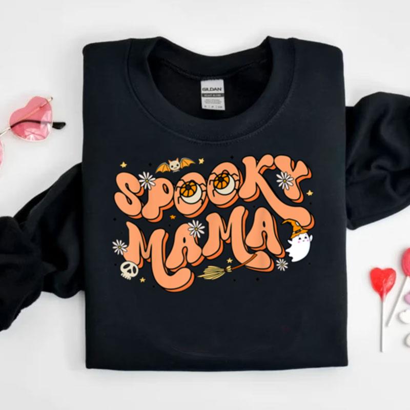 Spooky Mama Trick Or Treat Halloween Women Retro Groovy Shirts